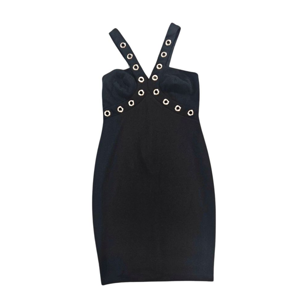 Charlotte Russe Dress Small Black Pencil V-Neck Strappy Studded Halter Bodycon